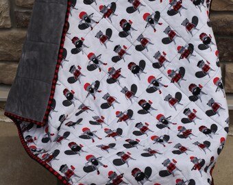 Hipster beaver blanket, Woodland baby boy blanket, Baby Christmas Quilt, Baby boy shower gift | Grays red black white colors