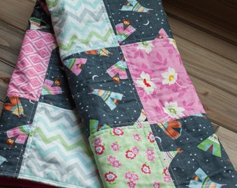 ModernTribal Baby Quilt, Boho Floral Baby Quilt, Baby Blanket, Baby Girl Blanket, Pink, Blues, Black,Green, Teepee, Flowers, Geometric print