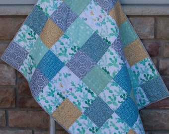 Southwest Quilt, Cacti quilt, Boho Baby Quilt/Blanket, Gender neutral Blanket, Blue, Mint, Gray, White; Features Cacti, Teepees, Geometrics