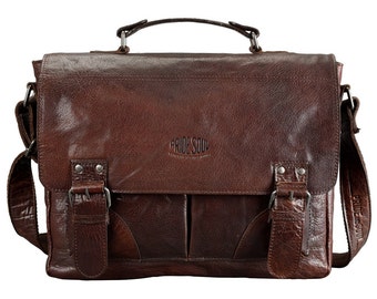 Men's files business bag Baggie bag Pocket L shoulder bag laptop specialist vintage retro style brown leather