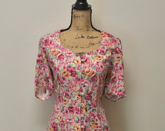 Vintage 80s St Michael Marks and Spencers pink floral mini skater dress UK M