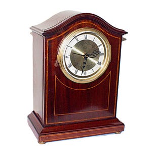 Victorian Large Mahogany Veneer Mantel Clock: Brass & Glass, Quartz Timepiece - Restored - Colectable