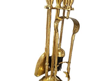 Conjunto de utensílios para lareira Golden Companion, com design elegante e cabo ergonômico em latão - 5 peças - Ideal para lareiras e espaços de convivência - Perfeito para presentear.