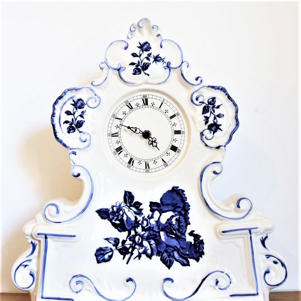 Vintage Staffordshire Blue/White Willow Extra Large Pottery Mantel Fireplace Table Clock - Fine Art Quartz - Beautiful Detail - Gift