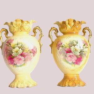 Antike Staffordshire Große Keramik Paar Vasen - Mantel Tisch Fine Art Deco - Floral geätzt - c19th Handbemalte Urne Stil - Geschenk