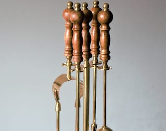 Vintage Golden Brass Fireside Companion Set - 5 Piece Oak Trim