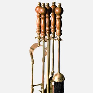 Vintage Oak Wood Handled - Golden Brass Fireside Companion Set - 5 Piece Fine Art Contemporary Design - Gift