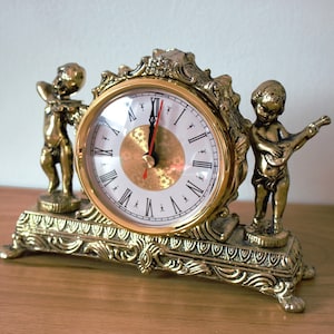 Vintage Gold Gilt Brass Cherub Mantle Clock - German Quartz Table Clock