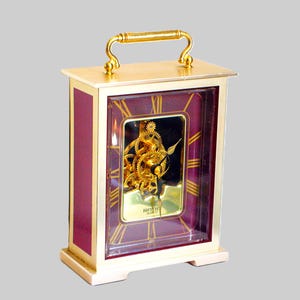 Floating Skeleton Clock - Rhythm Quartz Mantel Table Carriage Clock - Burgundy Tone - Gold Brass - Fine Timepiece - Gift