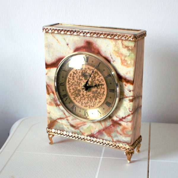 Stunning Onyx Marble Quartz Mantel Table Carriage Clock  - Italian Design - Gold Gilt Brass Trim - Elegant Collectors Gift