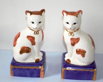 Rare Staffordshire Pottery Cats: Cobalt Blue Cushion Beds, Gold Gilt Decor
