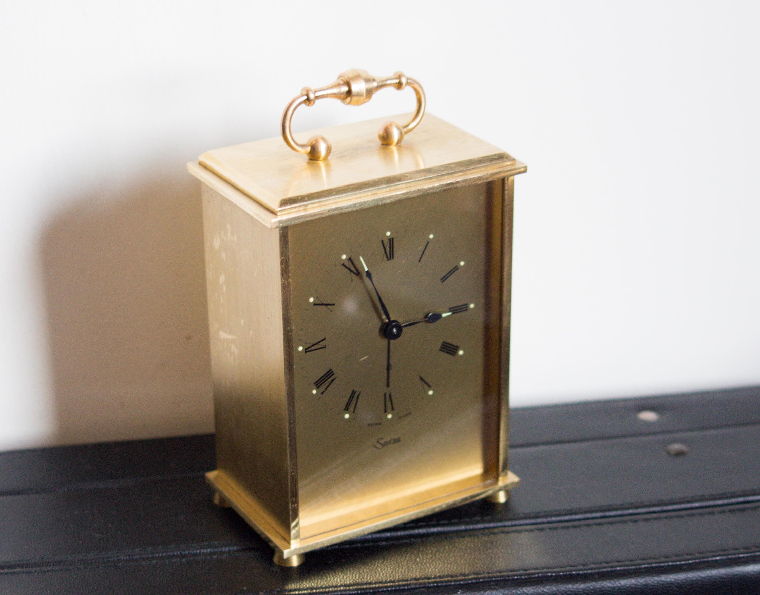 Swiza Golden Brass Mantel Table Carriage Clock: 8-day Swiss