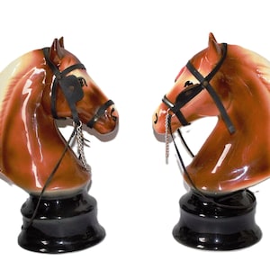 Kilne Stone Pottery Horse Head Bust Figurines - Mantel Table Deco - Twin Pair With Riders Tack - Fine Art Detailed - Hand Crafted - Gift