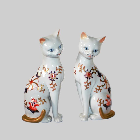 英国 ビンテージ スタッフォードシャー ペア 猫 花 陶器 【公式通販】