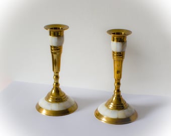 Mother of Pearl Candle Holders: Golden Brass Inlay, Fine Art Decor