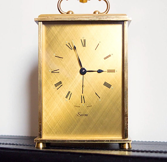 SWIZA ゴールド 置時計 ゼンマイ式 不動作 アンティーク Swiza Golden Brass Mantel Table Carriage Clock: 8-day Swiss