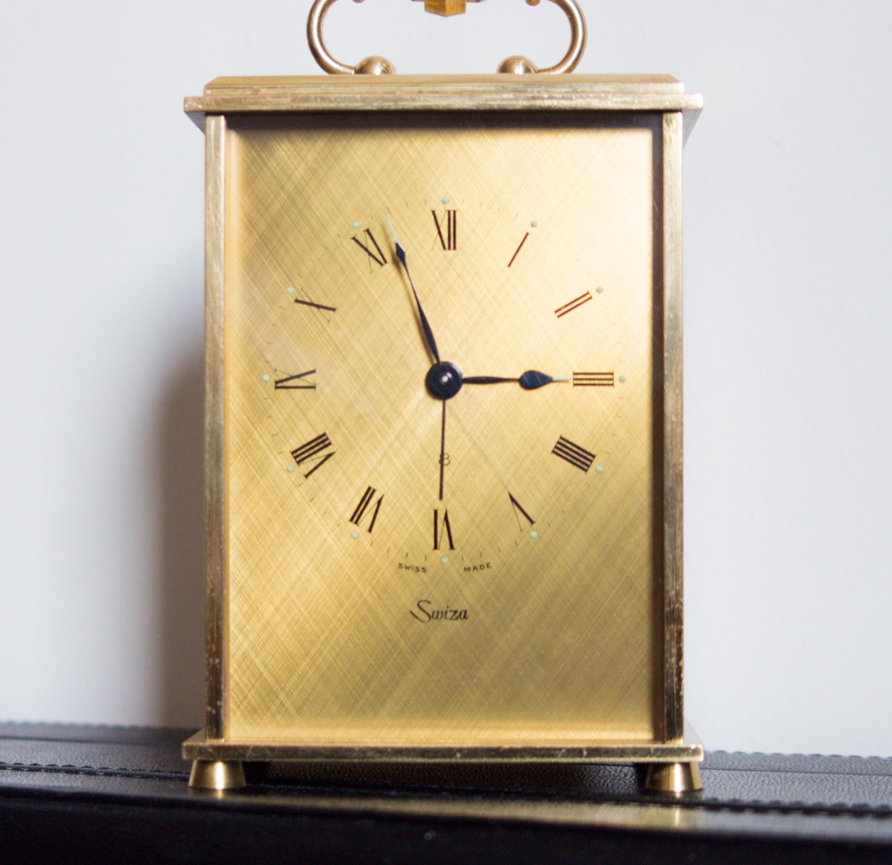 Swiza Golden Brass Mantel Table Carriage Clock: 8-day Swiss