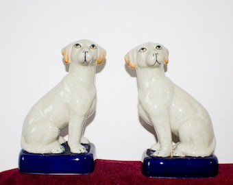 Vintage Labrador Pottery Figurines: Cobalt Blue Base, Fine Art Decor