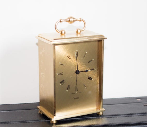 SWIZA ゴールド コラム型 置時計 Vintage Swiza Brass Mantel Clock: 8-day Swiss Alarm, Luminous Dial