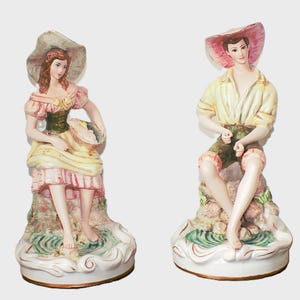 Charming Bisque Italy Porcelain Lovers Figurine Pair - Mantel Table Fine Art - Large Intricately Detailed Gold Gilt Trim - Special Gift