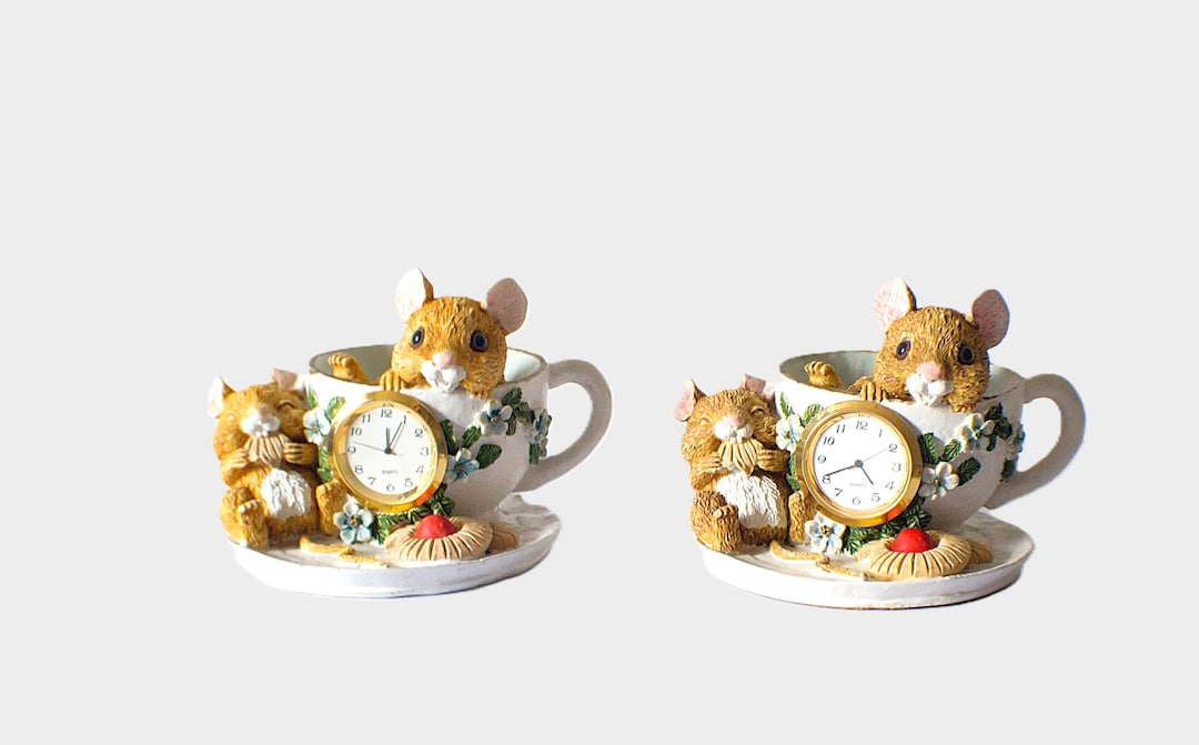 Mouse With Clock Kitsch Ceramic Mice in Teacup Figurines With Quartz Clock - Twin Pair ...