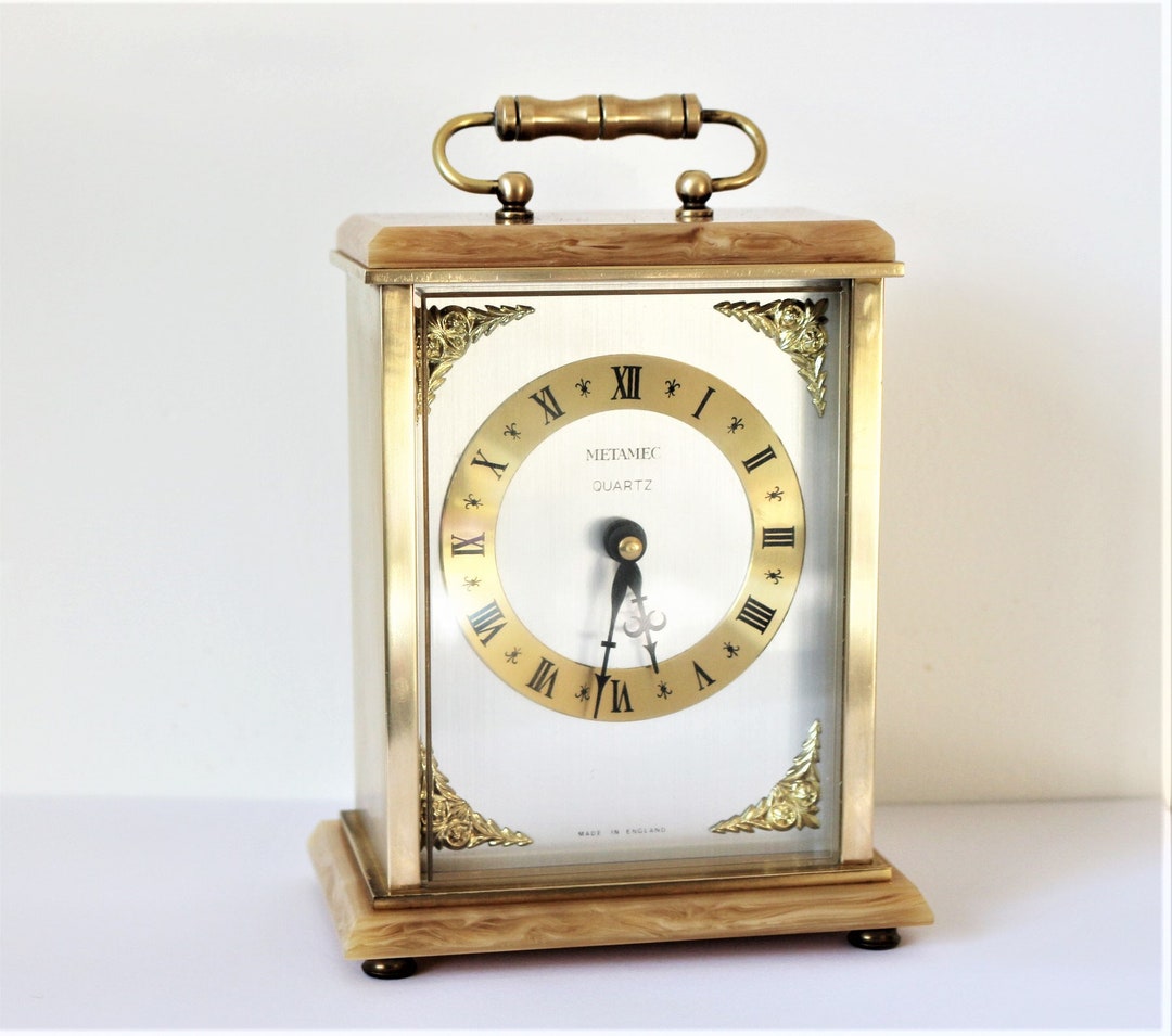 Vintage English Metamec Brass Carriage Mantel Table Clock Hechinger