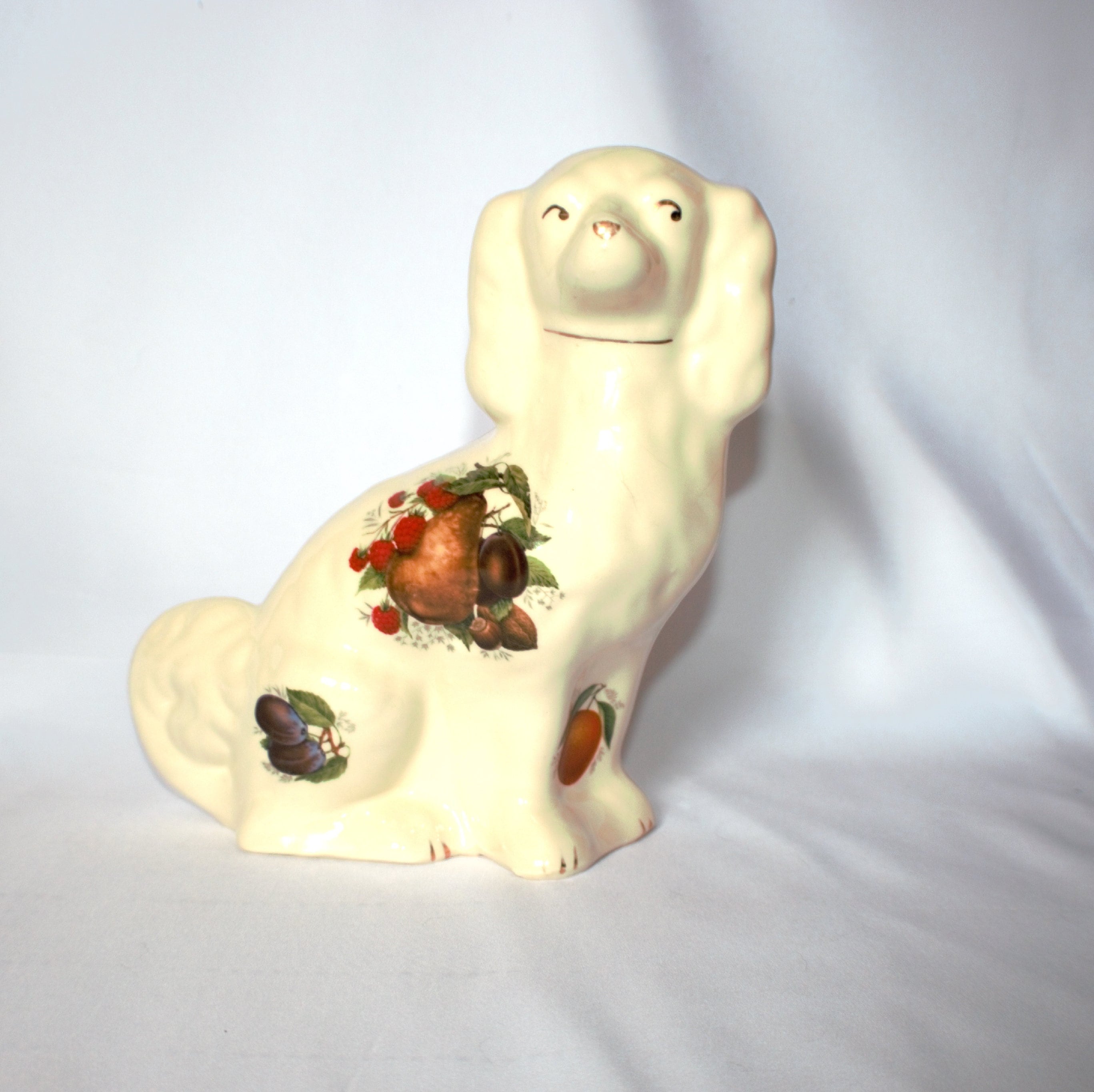 Staffordshire King Charles Spaniel Figurine: Bone China with Gold Gilt Fruit Design