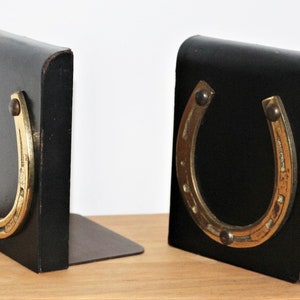 Vintage English Horseshoe Bookend Pair: Brass & Wood Library Decor
