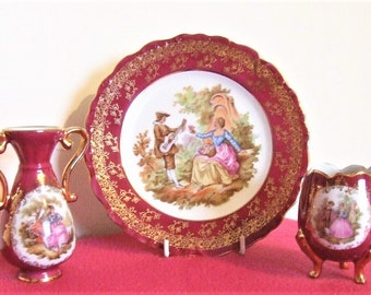 La Reine Limoges France - Fine Art Porcelain Set - Gold Gilt - Vintage Mantel Table Window Decor - Marble Glaze Burgundy Ruby Set - Gift