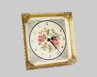 Regent of London Petit Point Clock: English Rose Embroidery - Mantel Table Fine Art - Gold Gild Filigree Trim - Gift