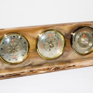 British Rototherm Trio Barometer Weather Station - Lucite Marble Effect - Gold Brass - Vintage Mantel Table Ornate Display - Gift