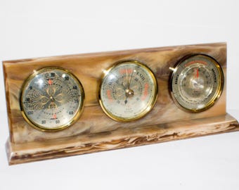 British Rototherm Trio Barometer Weather Station - Lucite Marble Effect - Gold Brass - Vintage Mantel Table Ornate Display - Gift