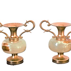 Marble Onyx Amphora Twin Pair Bud Vase - Rose Gold Trophy Shaped - Vintage Interior Deco - Intricate Detail - Gift