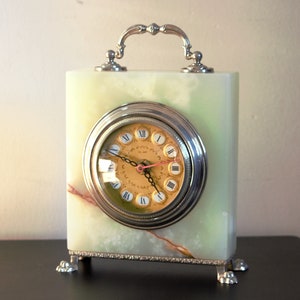 Impresionante reloj de carro de mesa de repisa de cuarzo italiano de mármol de ónix - Pies de garra de león - Colección de bellas artes - Reloj - Regalo