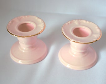 Vintage Adderly Floral Candle Holders: Pink Porcelain with Gold Rim