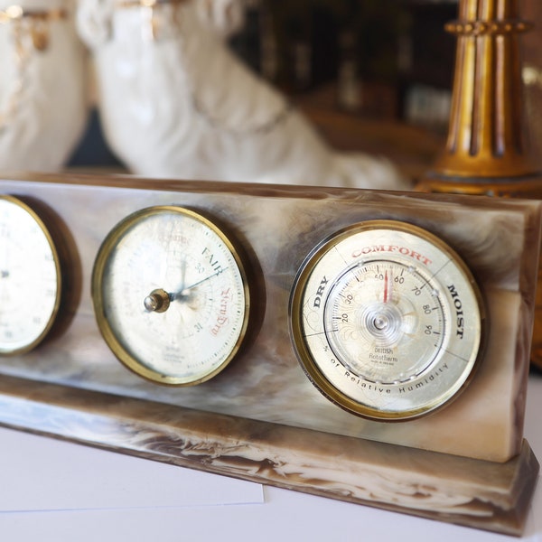 Vintage British Rototherm Trio Barometer Weather Station - Lucite Marble Effect - Gold Brass - Mantel Table Ornate Display - Gift