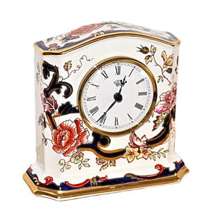 Reloj de mesa de sobremesa Masons Ironstone de cuarzo: Azul Mandalay, diseño floral dorado - Coleccionable