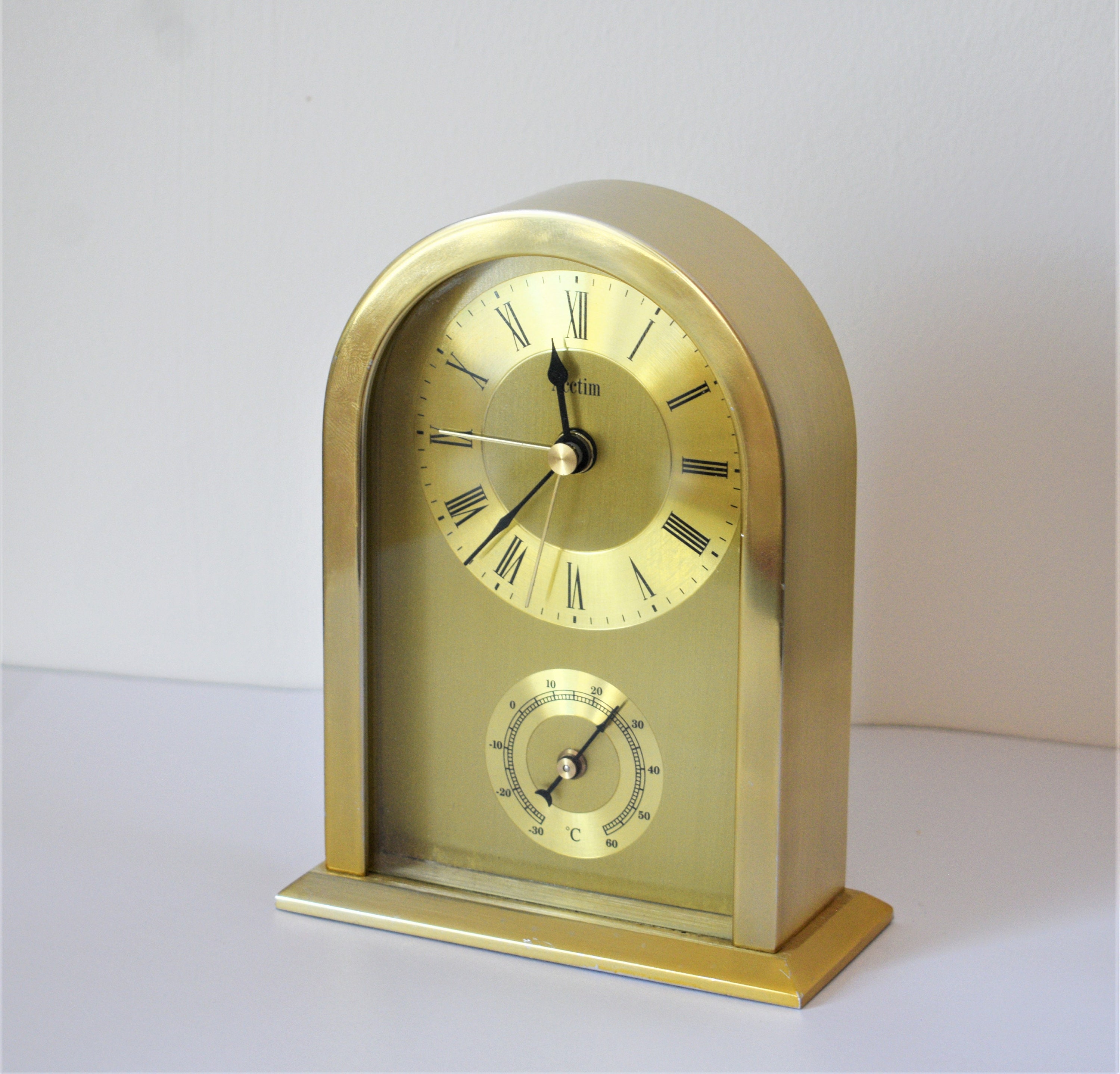 Acctim Golden Brass Mantel Clock: Arch Carriage Design, Alarm & Temperature