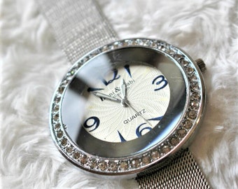 Deni & Gabi Collection - Silverline Crystal Rhinestone Wrist Watch - Rare Retro Unisex Large Face Design