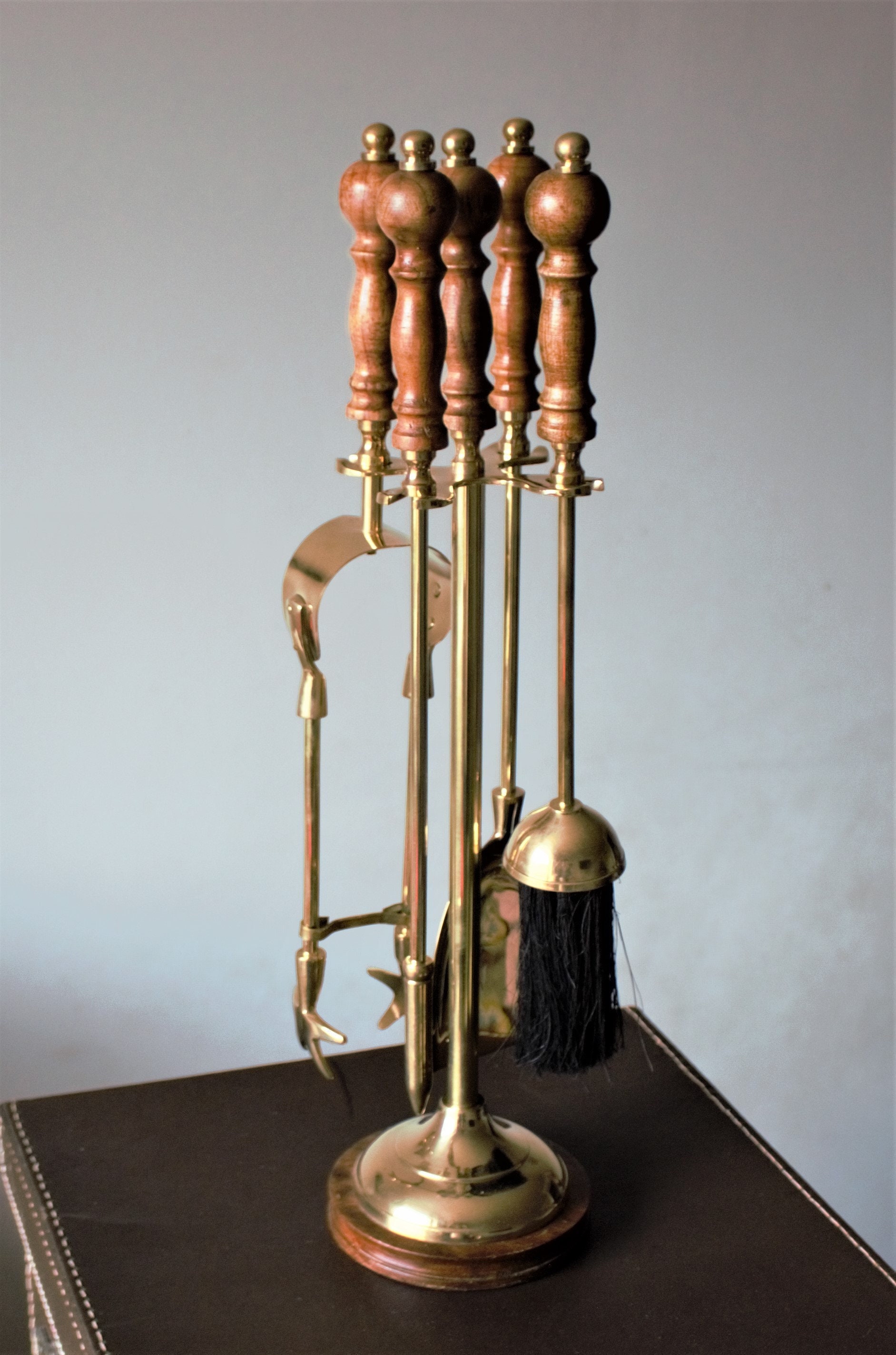 Vintage Golden Brass Fireside Companion Set - 5 Piece Oak Trim