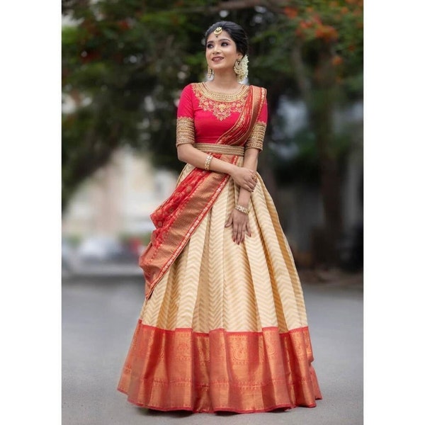 Cream Colour Designer Kanjivaram Silk Half Saree lehenga Pure Zari Weaving South Indian Wedding Woman Saree lehenga Party Wear Lehenga