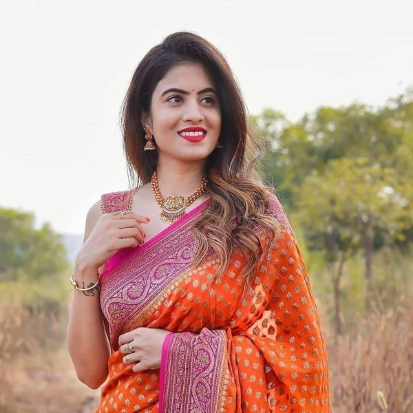Orange Color Indian Kanchipuram Soft Silk Weaving Work Saree With Unstitched Running Blouse For Women Wear Wedding Wear Party Wear Saree