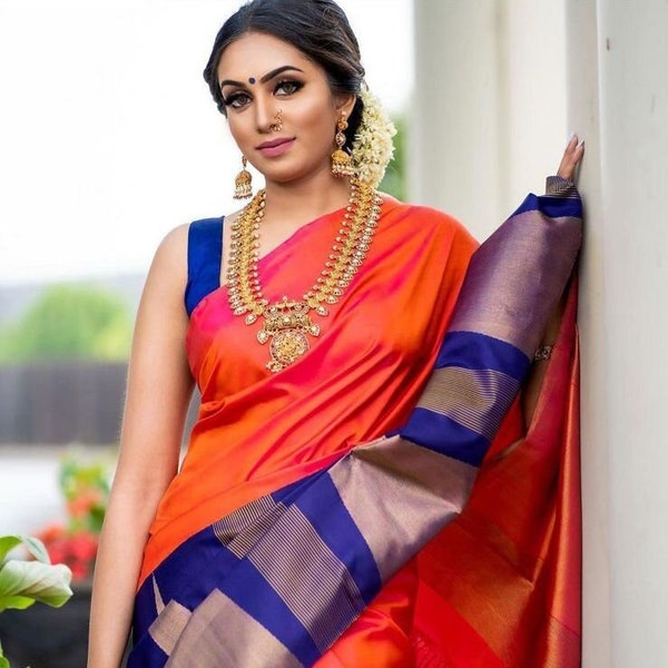 Orange Colour Kanchipuram Silk Saree Bollywood Style Saree Party Wear Saree Wedding Wear Saree Stunning Look Saree Banarasi Look Saree