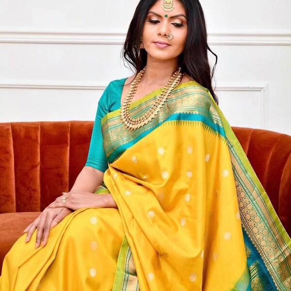 Yellow Color Beautiful Art Silk Jacquard Border Saree With Unstitched Running Blouse For Women Wedding Wear Party Wear Saree Indian Saree