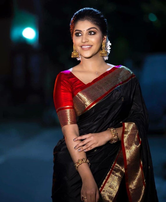 black silk saree with contrast blouse