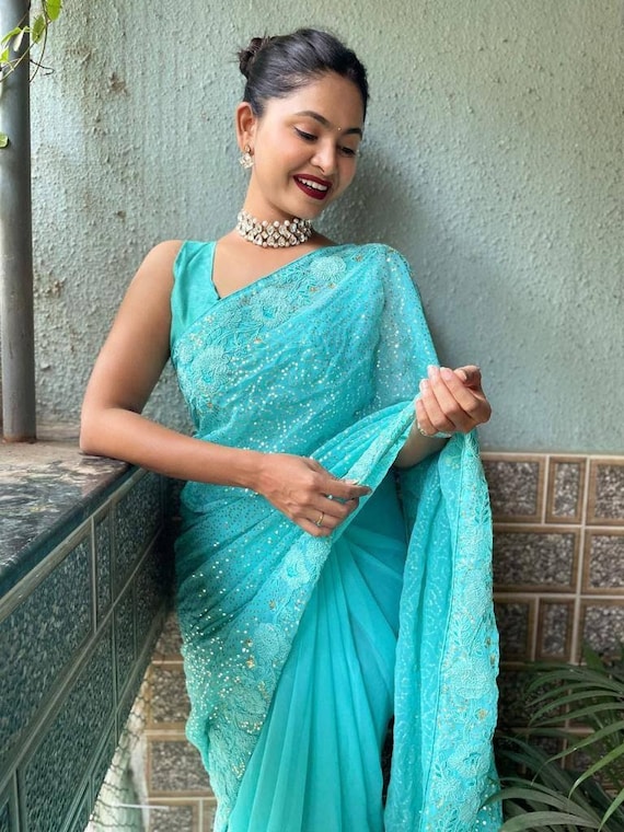 Beautiful Georgette Sequence Work and Unique Coding Work Saree