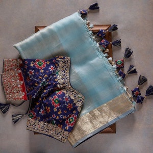 Sky Blue Colour Beautiful Banarasi Tissue With Embroidery With Border Work Blouse Party Wear saree Wedding Wear Saree Designer Saree