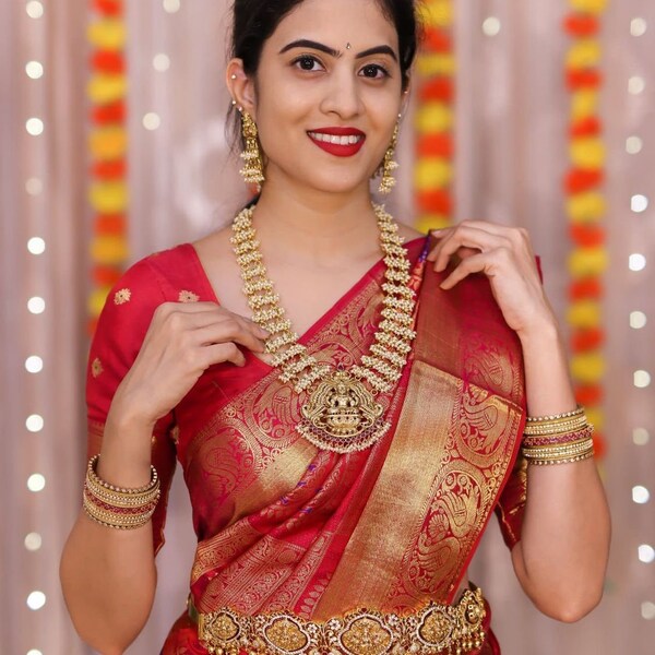 Couleur rouge Indien Kanchipuram Doux Soie Tissage Travail Saree Avec Chemisier de Course Non Cousu Pour Femmes Porter Mariage Porter Party Wear Indien Saree