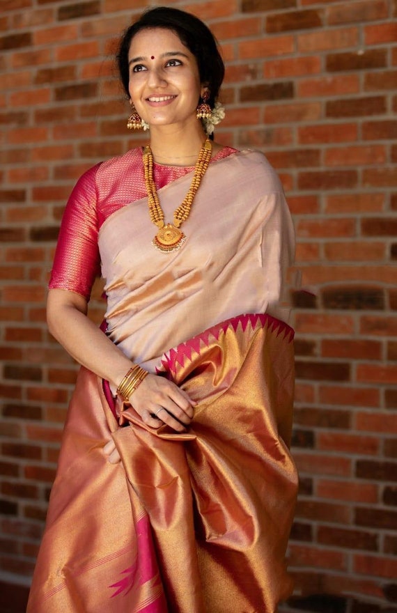 Peach Colour Attire Look Sareeexclusive Contrast Blouseparty - Etsy  Singapore
