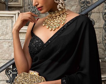 Black Colour Beautiful Designer Saree on Soft Georgette fabric with Embroidery Sequence Work Saree,Party Wear Saree,Bollywood Style Saree